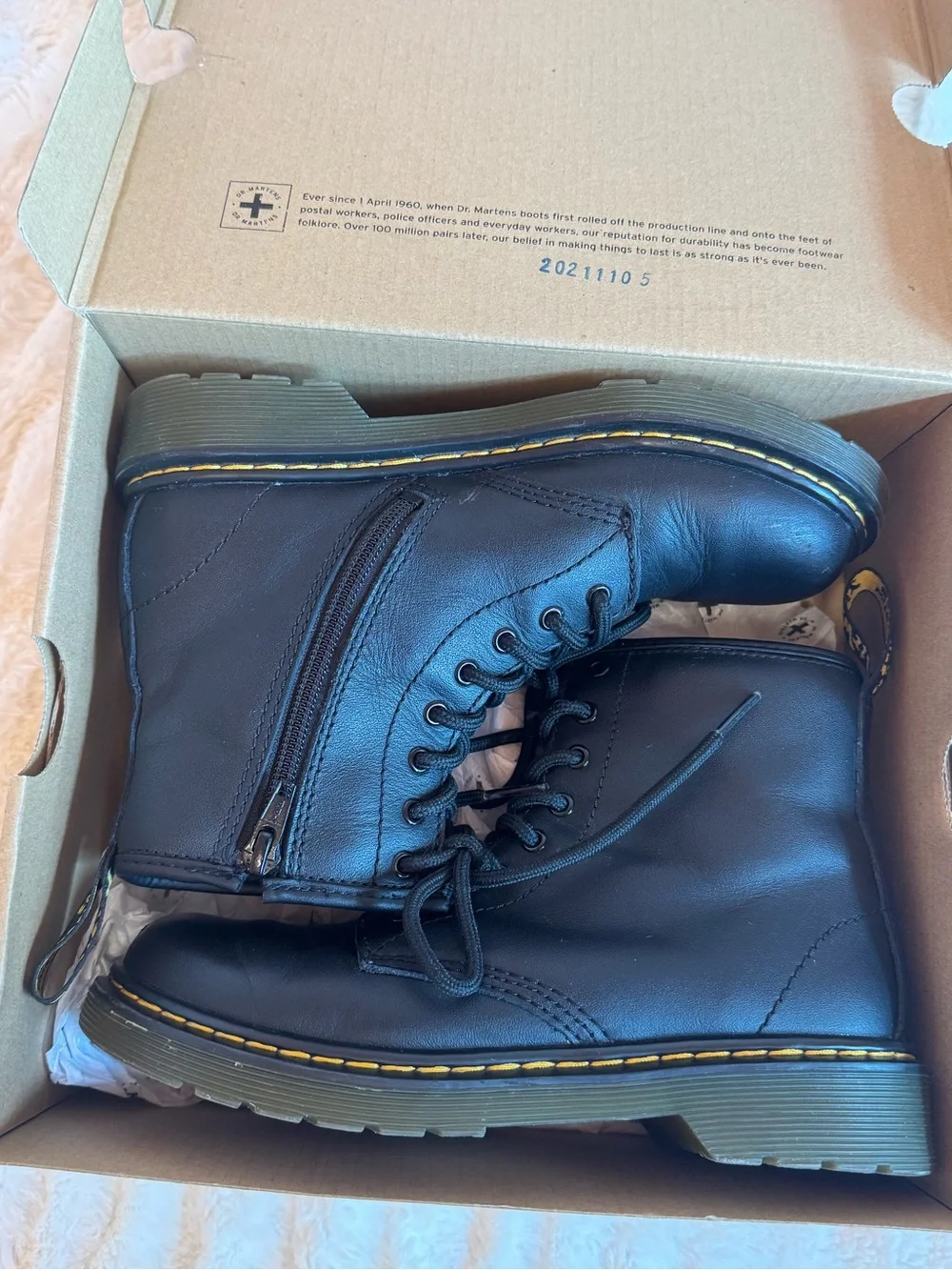 Dr. Martens Black Leather Lace-Up Boots with Yellow Stitching (Kids)